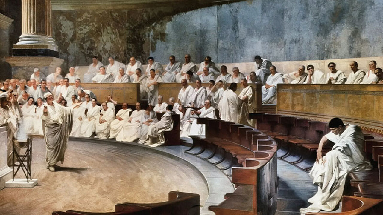 Cicerone denuncia Catilina in un affresco del XIX